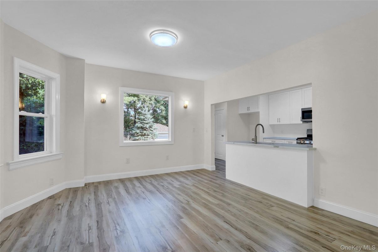 Empty room, Interior, Kitchen, Stainless Steel Appliances, Wood Texture Flooring