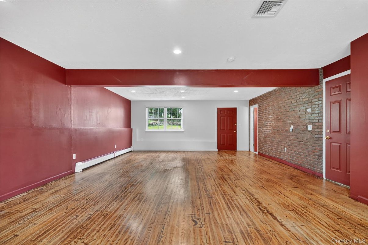 Empty room, Interior, Recessed Lighting, Stone Walls, Wood Texture Flooring