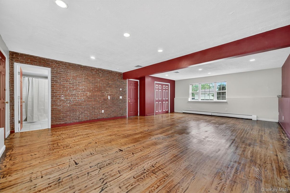 Empty room, Interior, Recessed Lighting, Stone Walls, Wood Texture Flooring