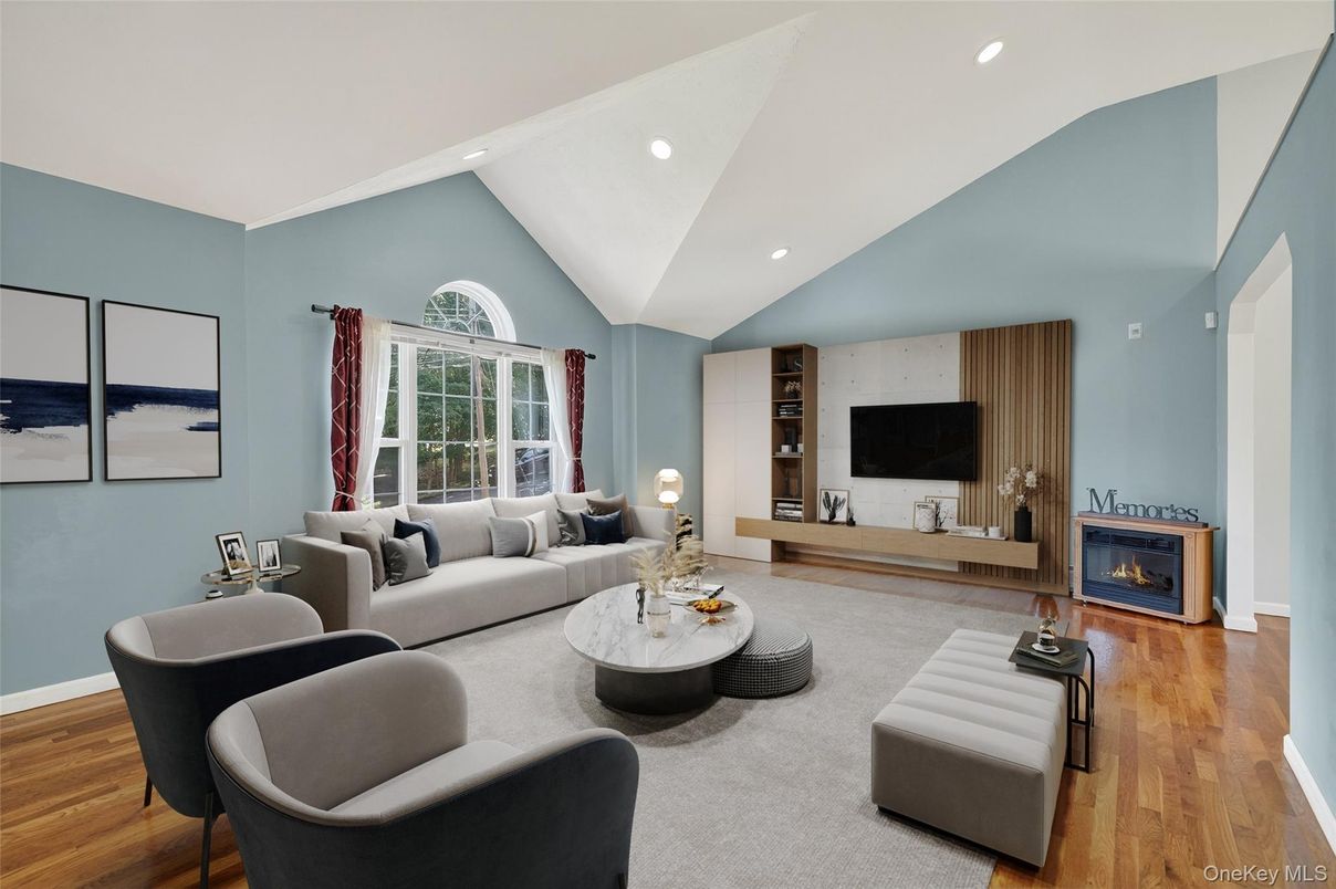 Fireplace, Interior, Living room, Recessed Lighting, Wood Texture Flooring