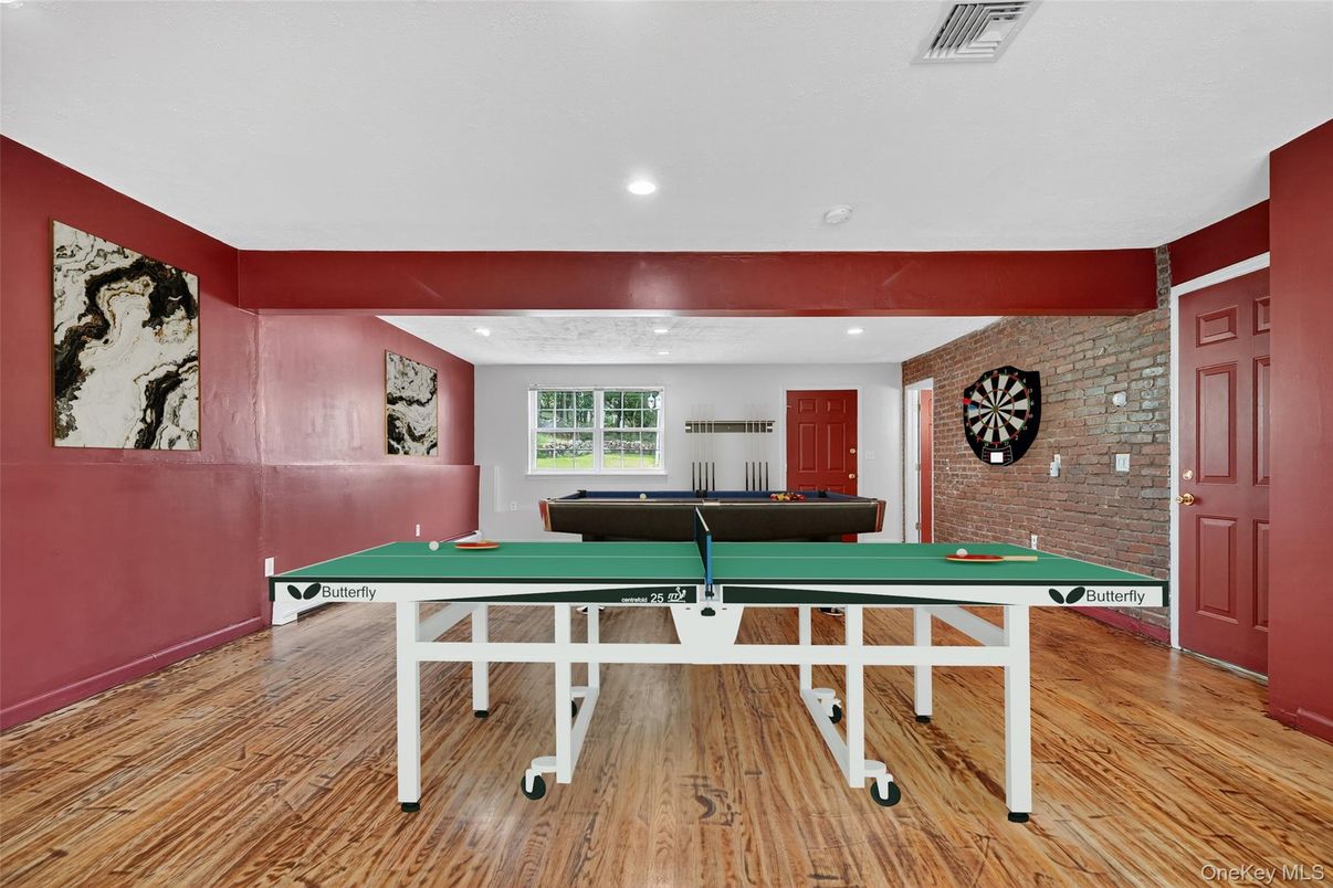 Game Room, Interior, Recessed Lighting, Stone Walls, Wood Texture Flooring