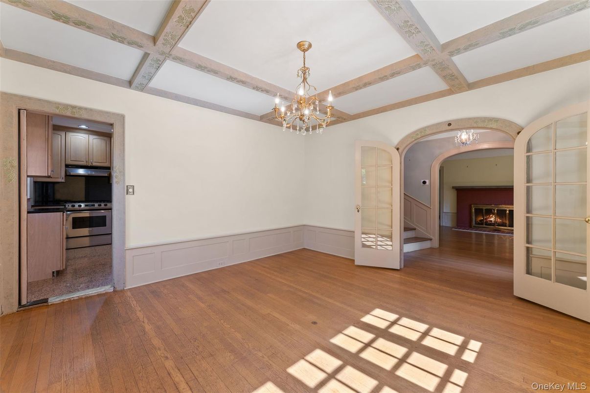 Chandelier, Empty room, Fireplace, Interior, Kitchen, Wooden Beams, Wood Texture Flooring