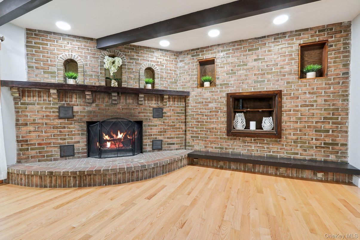 Fireplace, Interior, Recessed Lighting, Stone Walls, Wooden Beams, Wood Texture Flooring