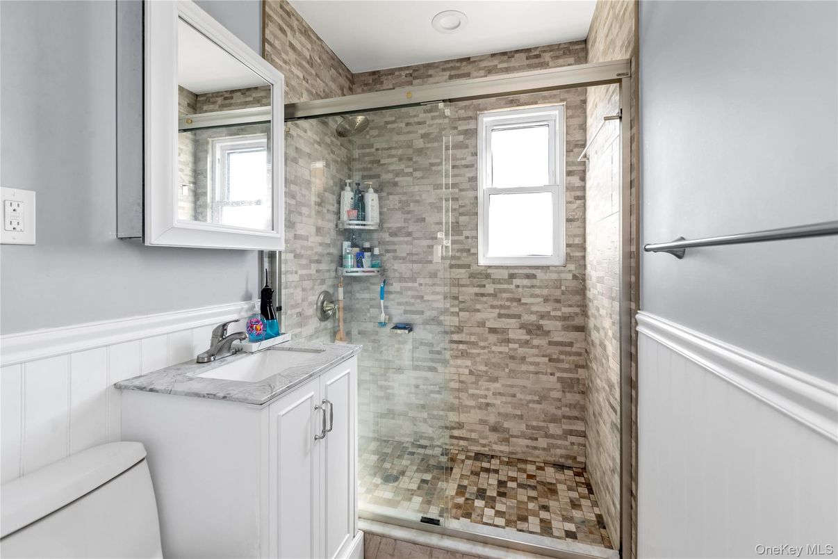 Bathroom, Glass Shower, Interior, Recessed Lighting, Stone Walls