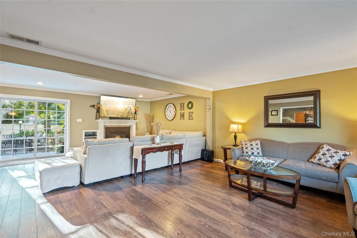 Fireplace, Interior, Living room, Recessed Lighting, Wood Texture Flooring