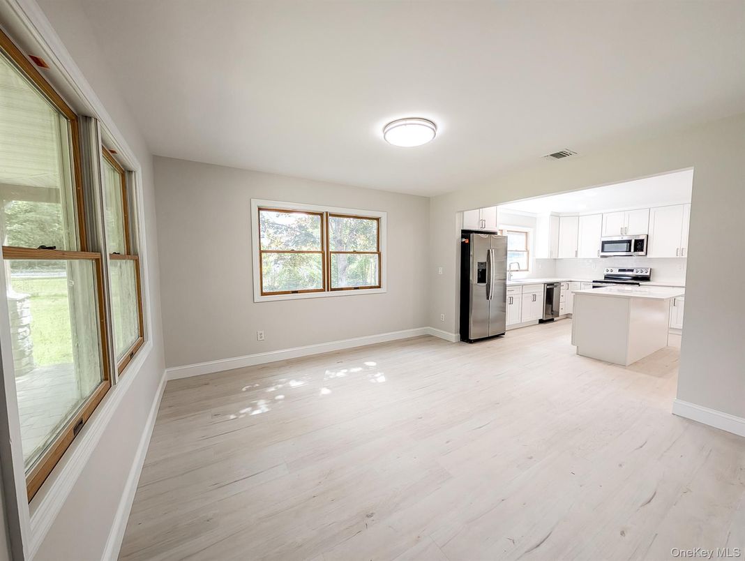 Empty room, Interior, Kitchen, Stainless Steel Appliances, Wood Texture Flooring