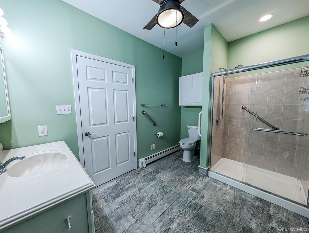 Bathroom, Glass Shower, Interior, Recessed Lighting, Wood Texture Flooring