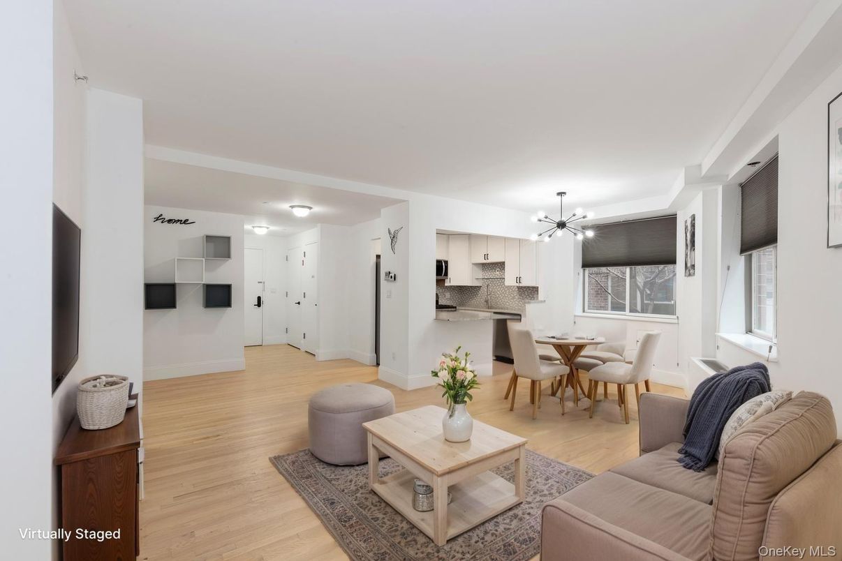 Dining room, Interior, Kitchen, Living room, Pendant Lights, Stainless Steel Appliances, Wood Texture Flooring