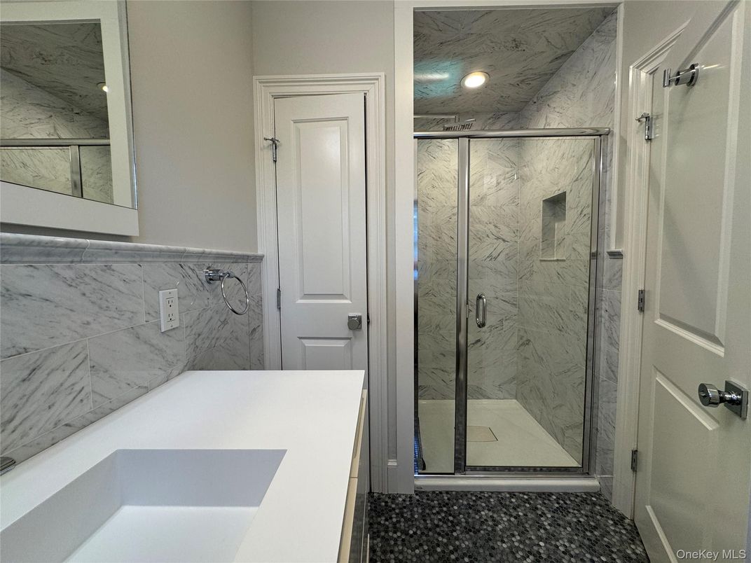 Bathroom, Glass Shower, Interior, Marble Walls, Recessed Lighting