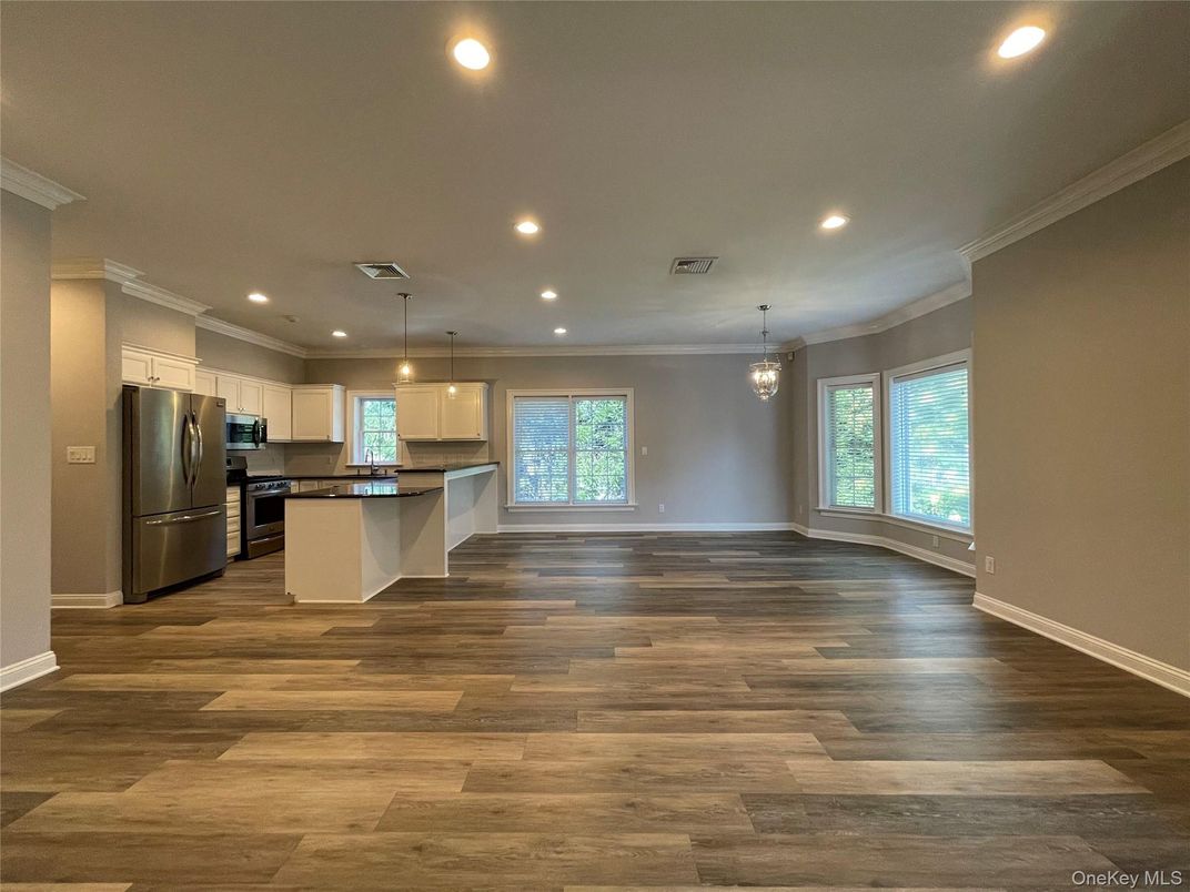 Empty room, Interior, Kitchen, Pendant Lights, Recessed Lighting, Wood Texture Flooring