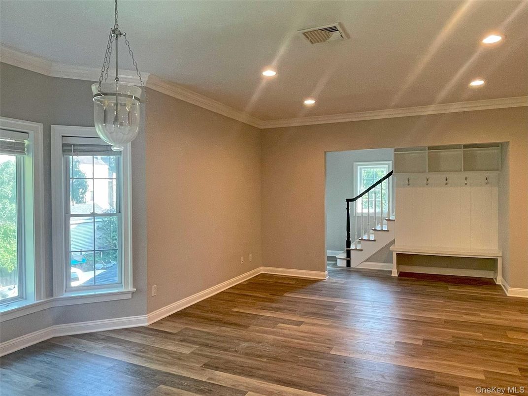 Empty room, Interior, Pendant Lights, Recessed Lighting, Wood Texture Flooring