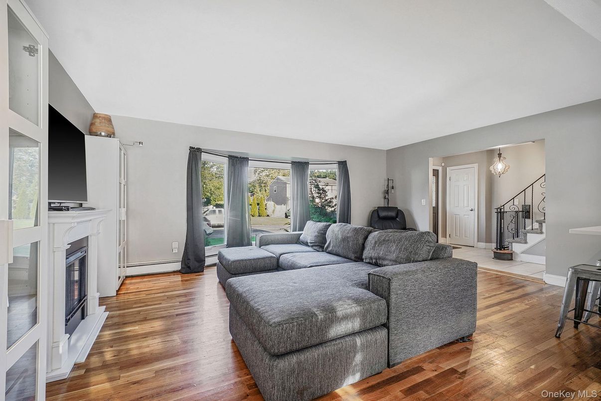 Fireplace, Interior, Living room, Pendant Lights, Wood Texture Flooring