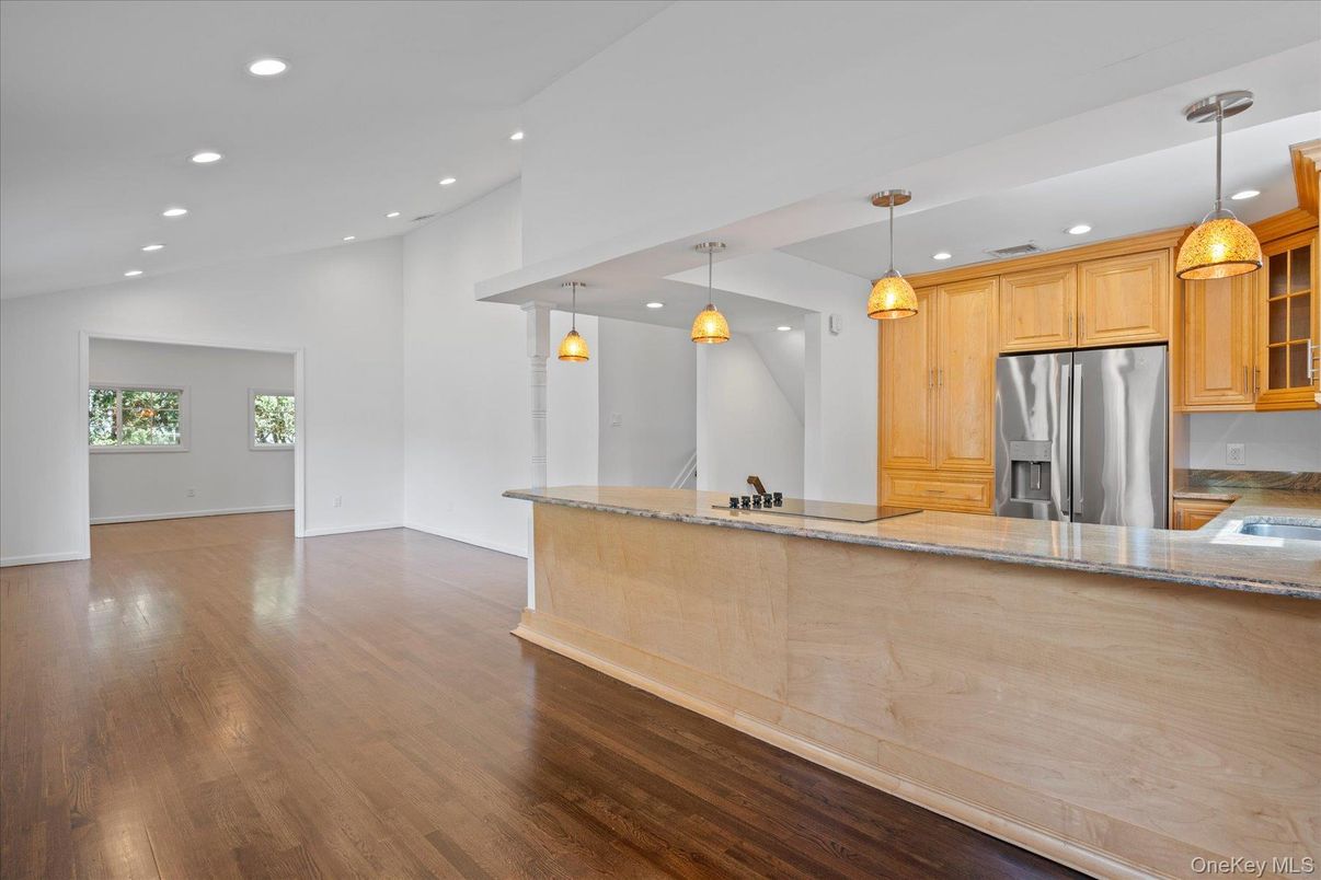 Empty room, Interior, Kitchen, Pendant Lights, Recessed Lighting, Wood Texture Flooring