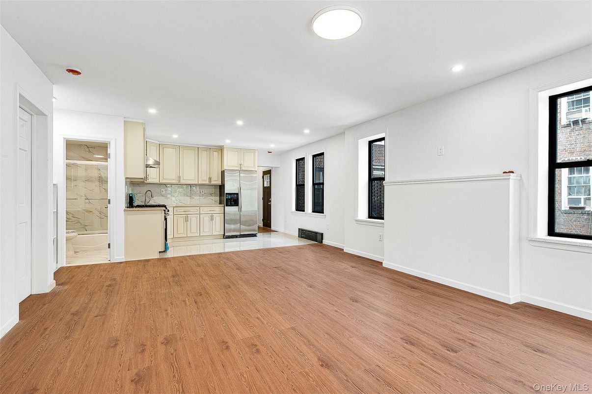 Interior, Kitchen, Marble Walls, Recessed Lighting, Wood Texture Flooring