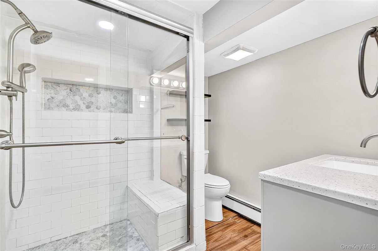 Bathroom, Glass Shower, Interior, Recessed Lighting, Wood Texture Flooring