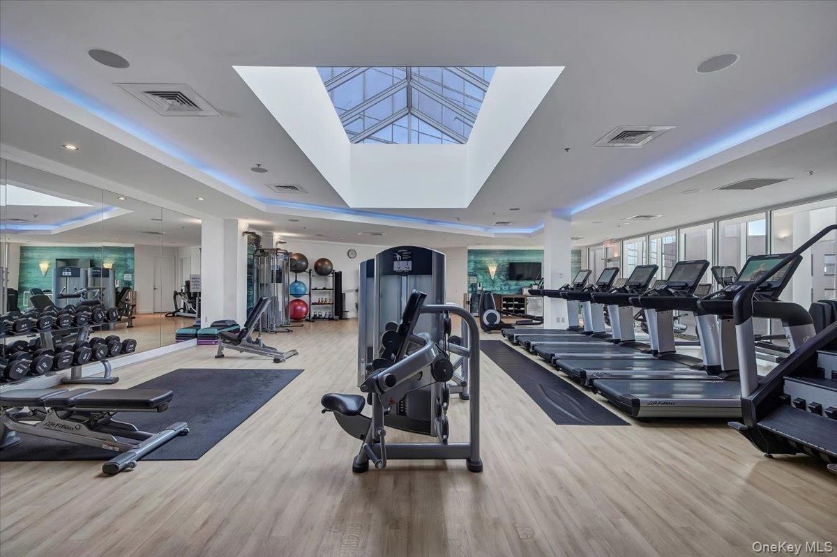 Fitness Equipment, Gym, Interior, Recessed Lighting, Wood Texture Flooring
