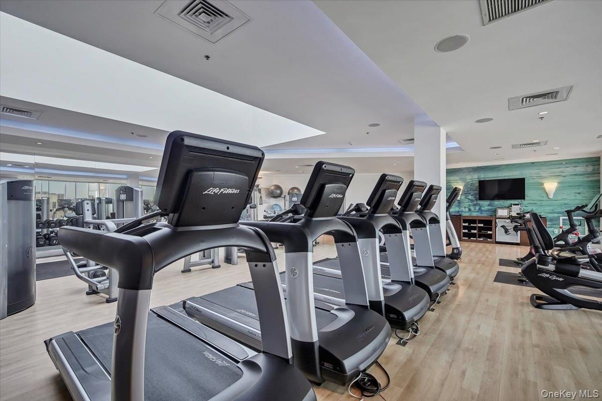Fitness Equipment, Gym, Interior, Recessed Lighting, Wood Texture Flooring