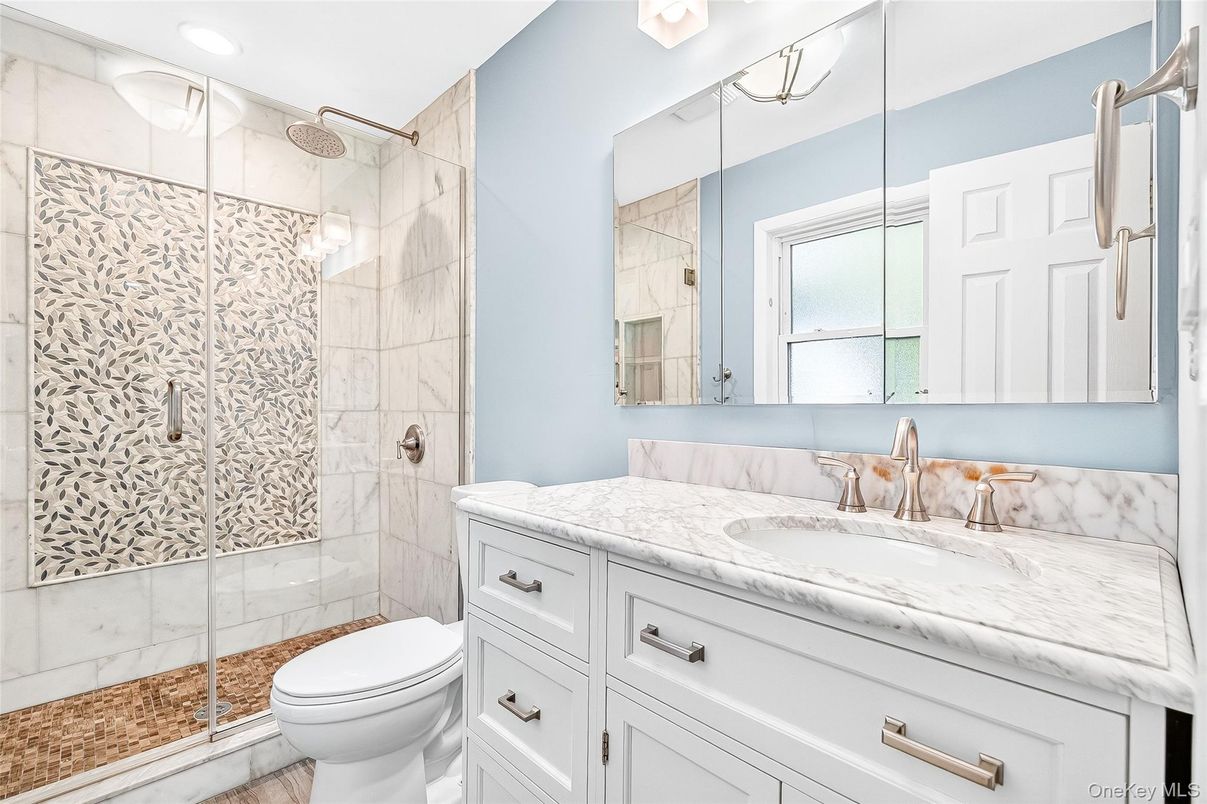 Bathroom, Glass Shower, Interior, Marble Walls, Recessed Lighting