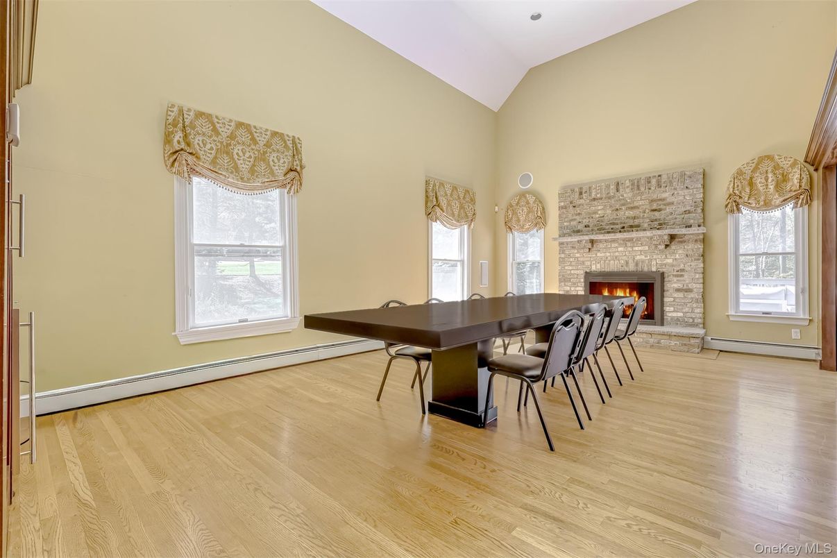 Dining room, Fireplace, Interior, Wood Texture Flooring
