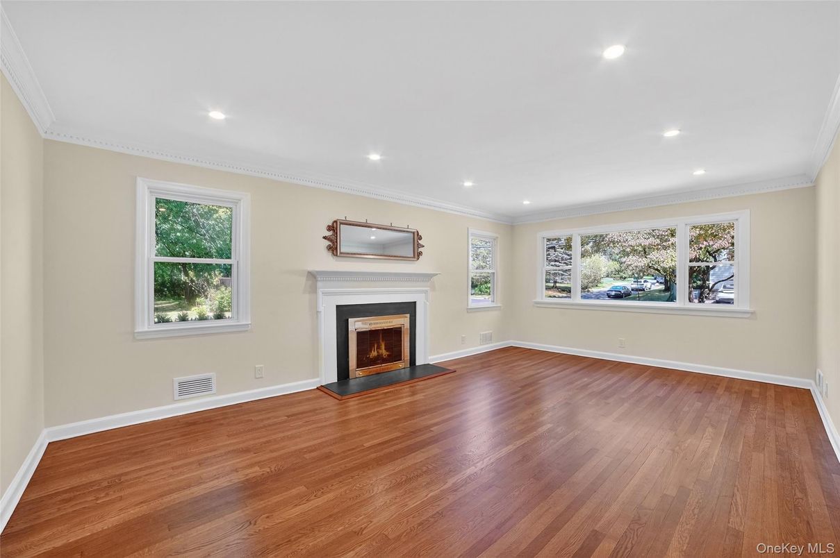 Empty room, Fireplace, Interior, Recessed Lighting, Wood Texture Flooring