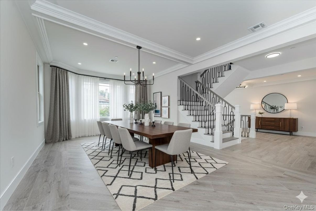 Dining room, Interior, Pendant Lights, Recessed Lighting, Wood Texture Flooring