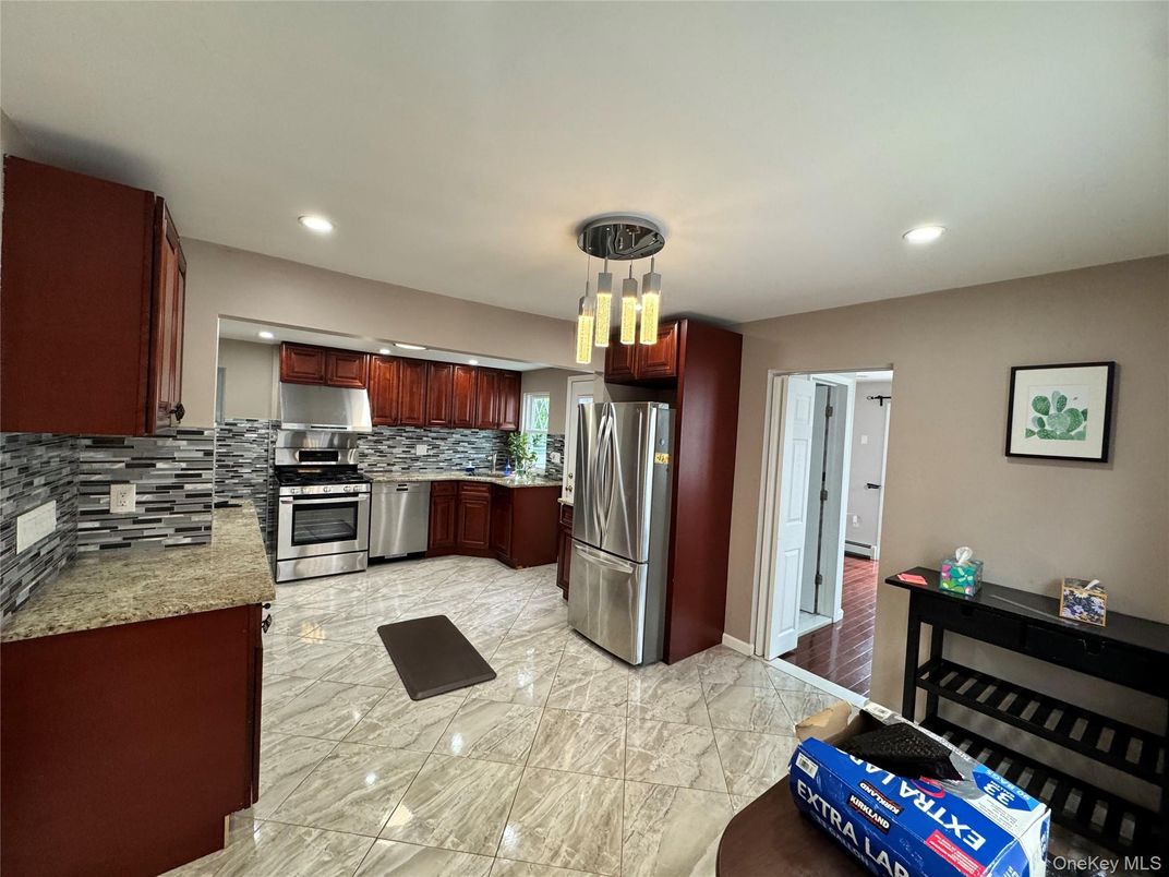 Interior, Kitchen, Marble, Pendant Lights, Recessed Lighting, Stainless Steel Appliances