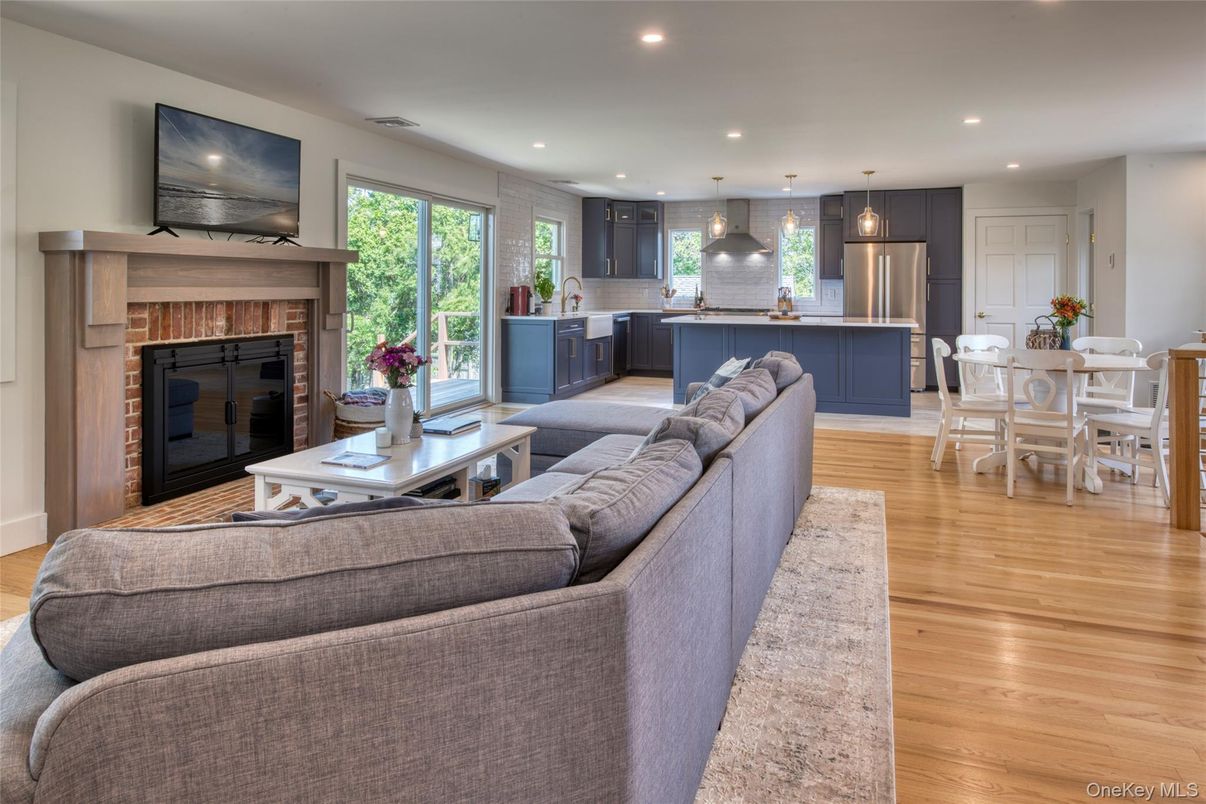 Dining room, Fireplace, Interior, Kitchen, Living room, Pendant Lights, Recessed Lighting, Wood Texture Flooring
