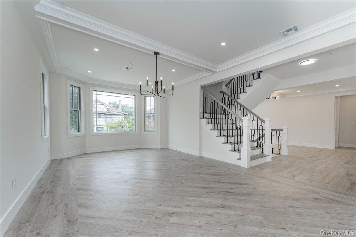 Empty room, Interior, Pendant Lights, Recessed Lighting, Wood Texture Flooring
