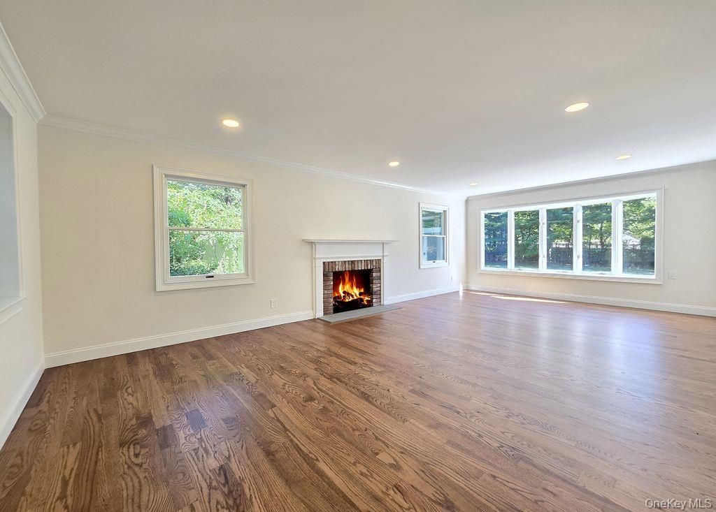 Empty room, Fireplace, Interior, Recessed Lighting, Wood Texture Flooring