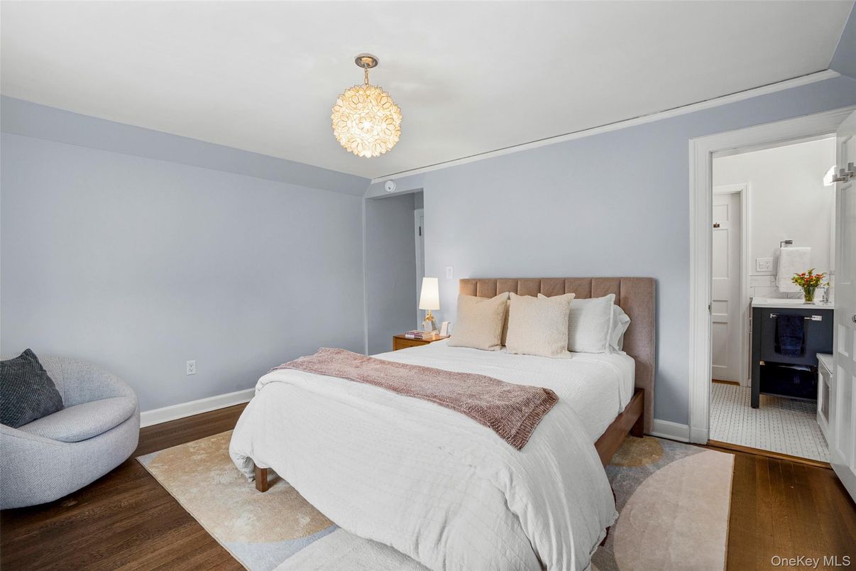 Bedroom, Chandelier, Interior, Wood Texture Flooring