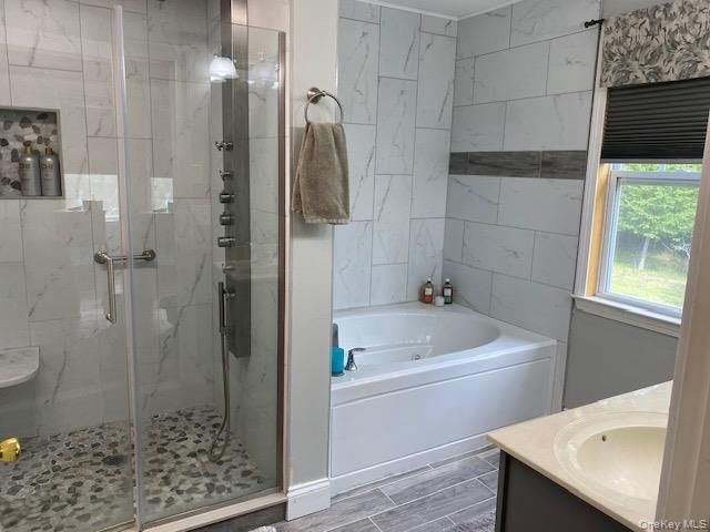 Bathroom, Glass Shower, Interior, Marble Walls, Wood Texture Flooring