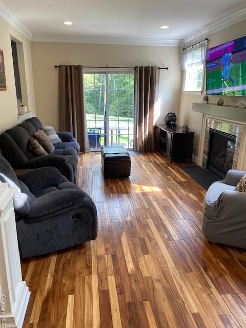 Fireplace, Interior, Living room, Recessed Lighting, Wood Texture Flooring