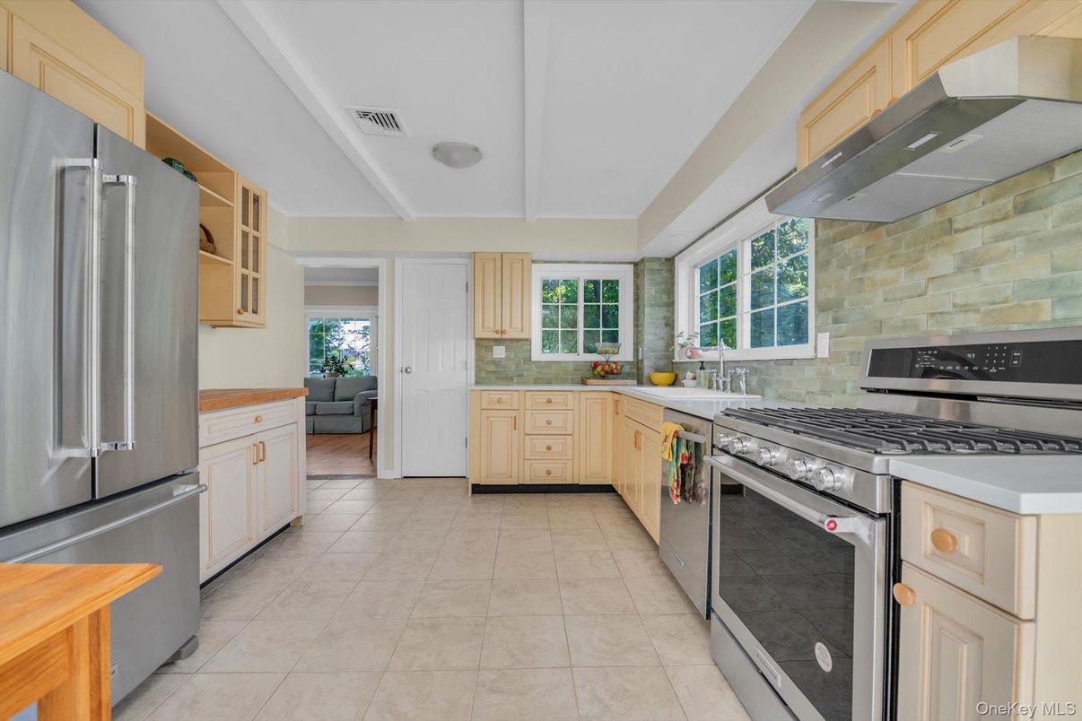 Interior, Kitchen, Recessed Lighting, Stainless Steel Appliances, Stone Walls