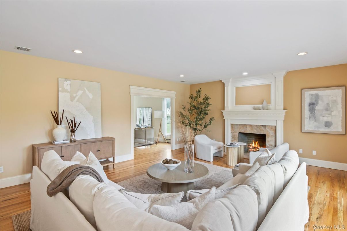 Fireplace, Interior, Living room, Recessed Lighting, Wood Texture Flooring