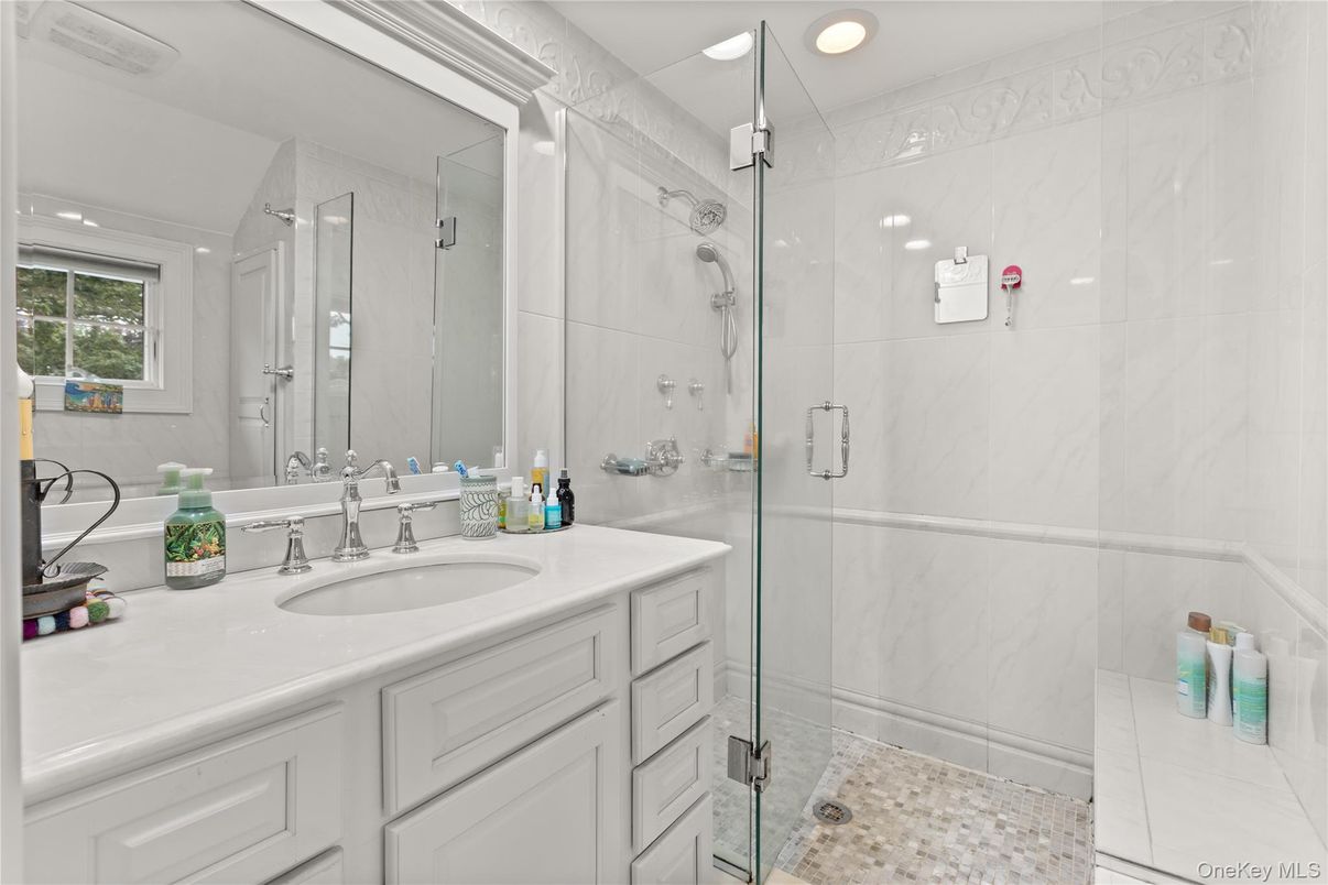 Bathroom, Glass Shower, Interior, Marble Walls, Recessed Lighting