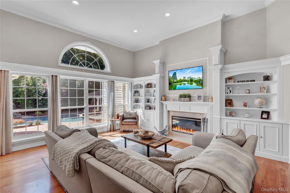 Fireplace, Interior, Living room, Recessed Lighting, Wood Texture Flooring