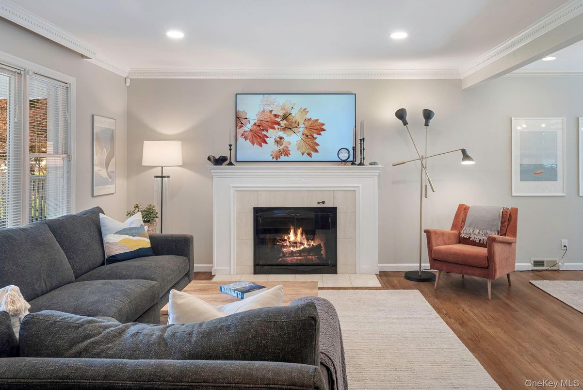 Fireplace, Interior, Living room, Recessed Lighting, Wood Texture Flooring