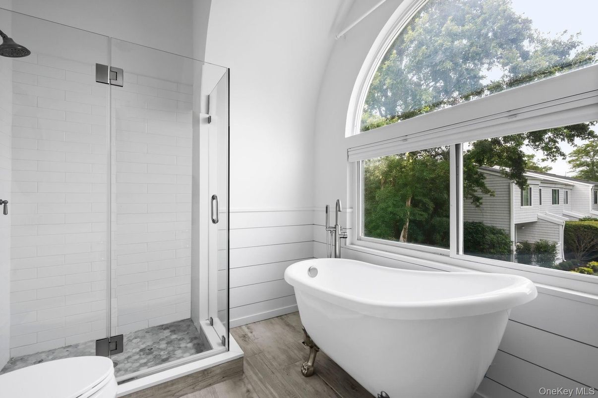 Bathroom, Free Standing Baths, Glass Shower, Interior, Wood Texture Flooring
