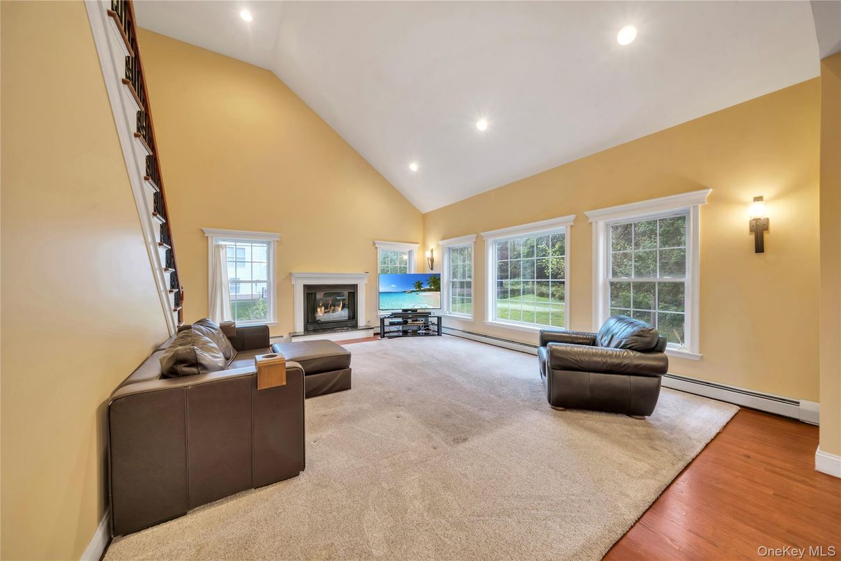Fireplace, Interior, Living room, Recessed Lighting, Wood Texture Flooring