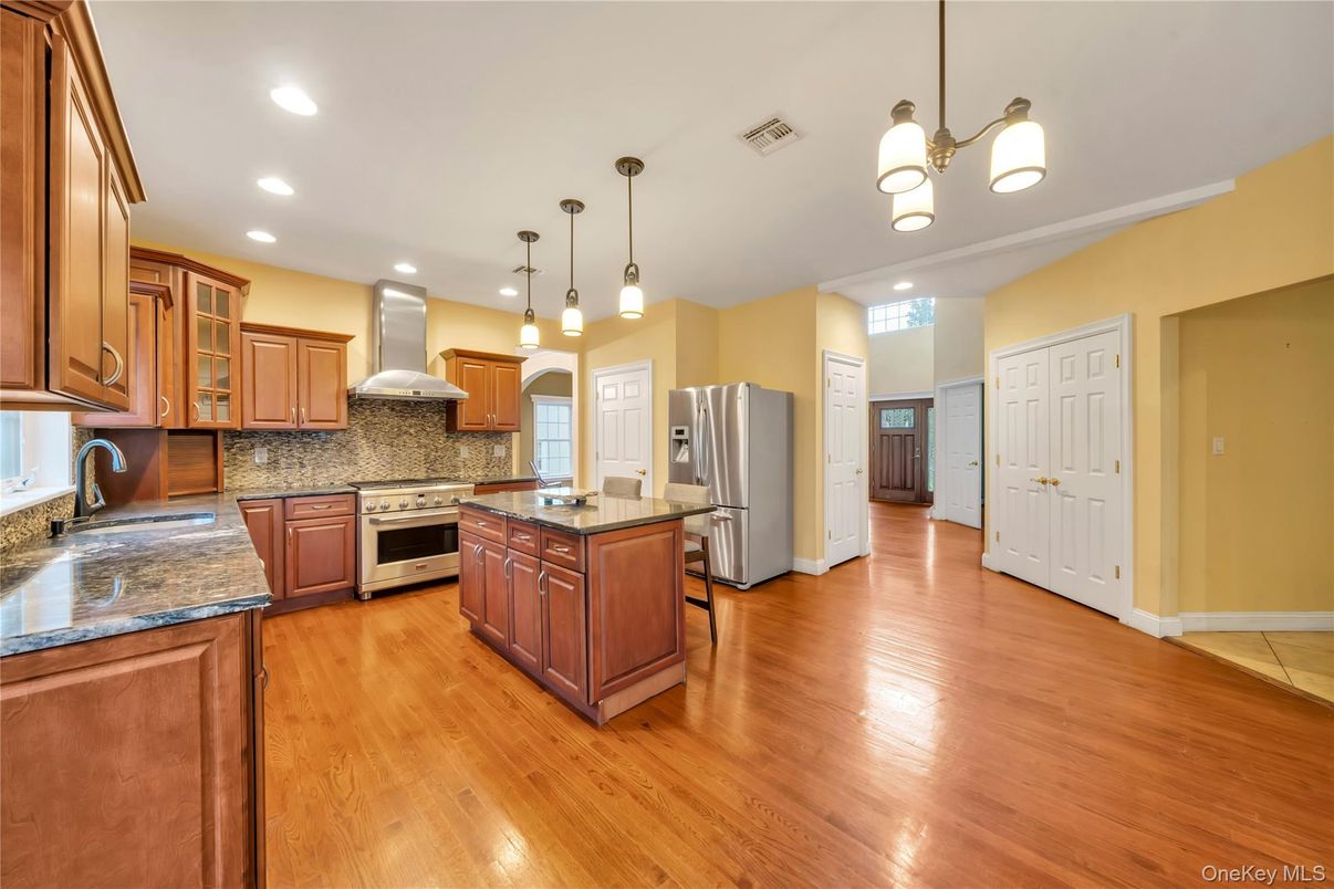 Interior, Kitchen, Pendant Lights, Recessed Lighting, Stainless Steel Appliances, Wood Texture Flooring