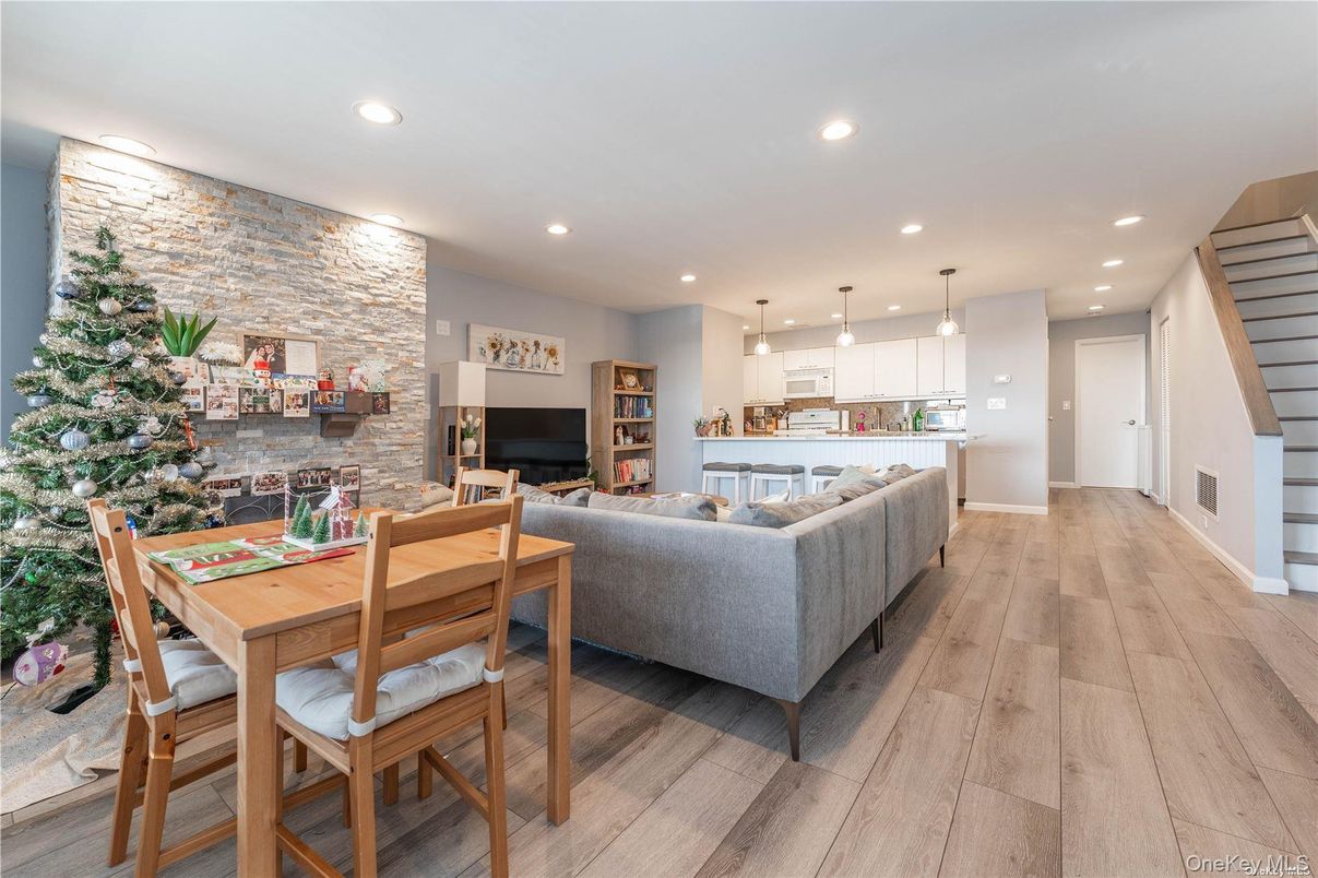Dining room, Fireplace, Interior, Kitchen, Living room, Pendant Lights, Recessed Lighting, Stone Walls, Wood Texture Flooring
