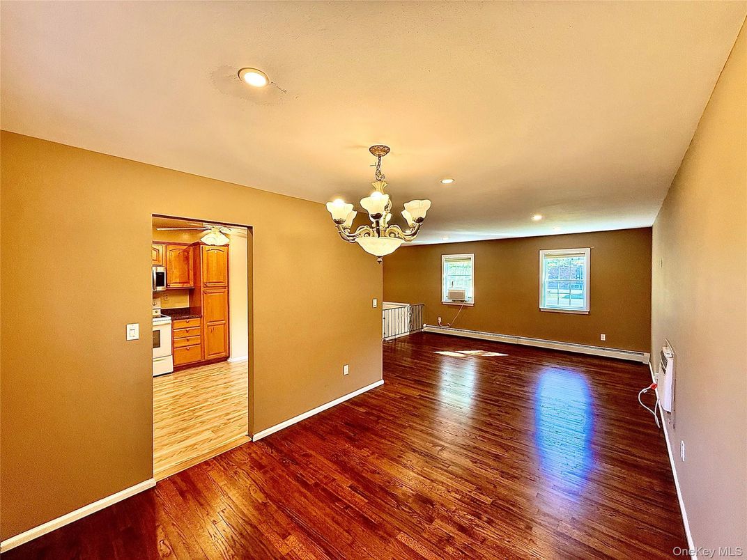 Chandelier, Empty room, Interior, Kitchen, Recessed Lighting, Wood Texture Flooring
