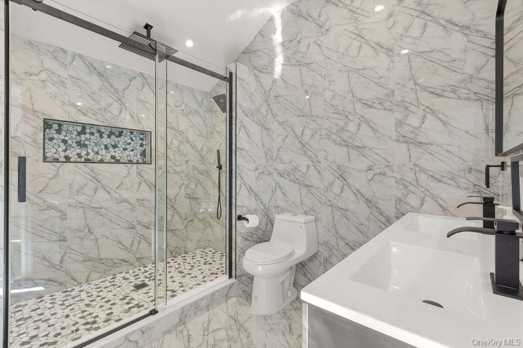 Bathroom, Glass Shower, Interior, Marble, Marble Walls, Recessed Lighting