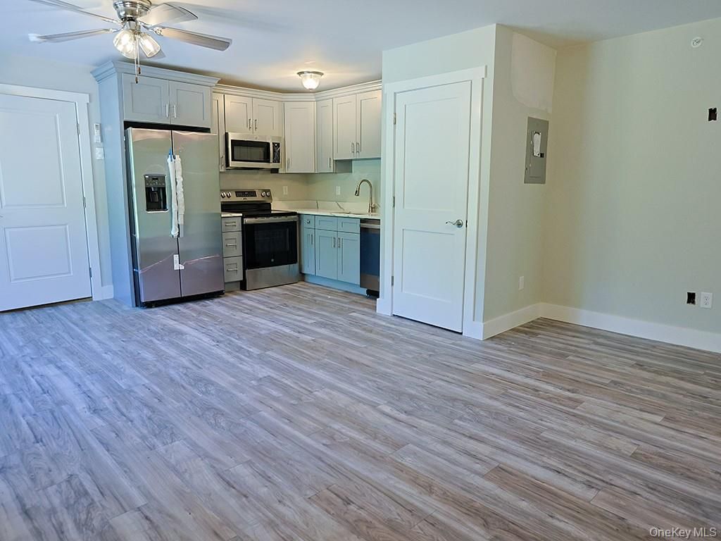 Empty room, Interior, Kitchen, Stainless Steel Appliances, Wood Texture Flooring