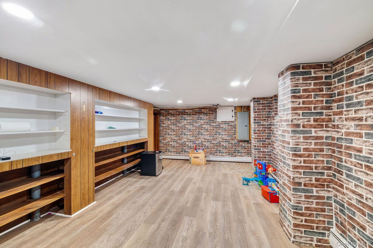 Interior, Recessed Lighting, Stone Walls, Wood Texture Flooring, Wooden Walls