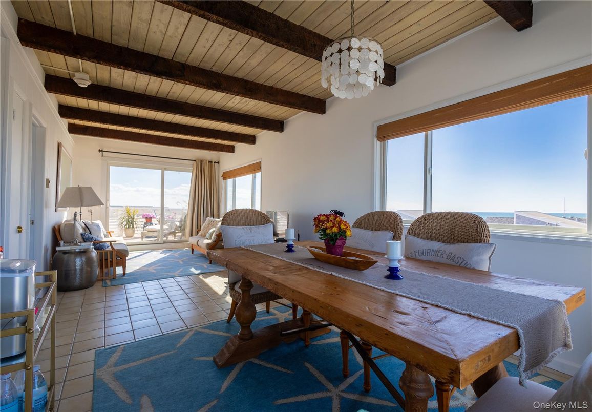 Dining room, Interior, Pendant Lights, Water, Wooden Beams