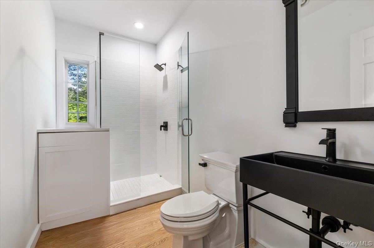 Bathroom, Glass Shower, Interior, Recessed Lighting, Wood Texture Flooring