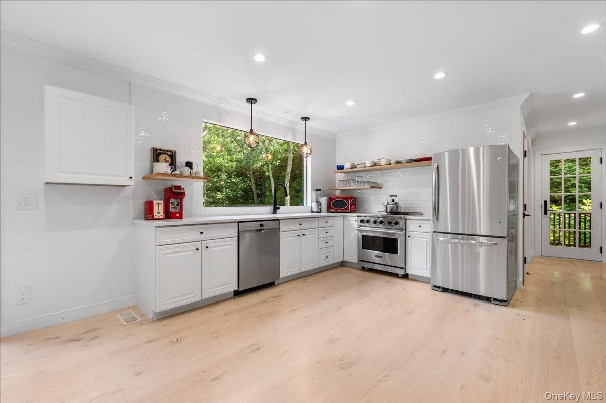 Interior, Kitchen, Pendant Lights, Recessed Lighting, Stainless Steel Appliances, Wood Texture Flooring