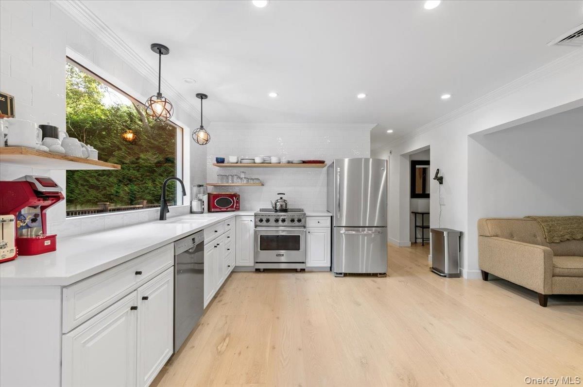 Interior, Kitchen, Pendant Lights, Recessed Lighting, Stainless Steel Appliances, Wood Texture Flooring