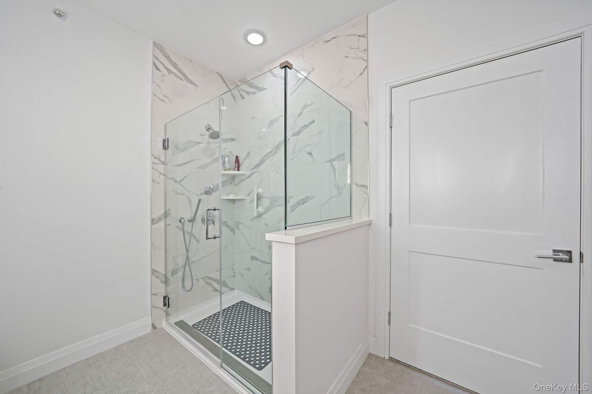 Bathroom, Glass Shower, Interior, Marble Walls, Recessed Lighting